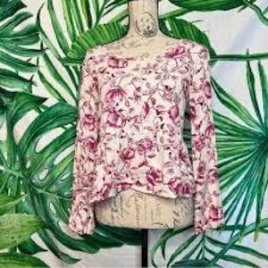 MINKPINK Floral Peplum Blouse Size M Cream Pink Romantic Cottagecore Top
